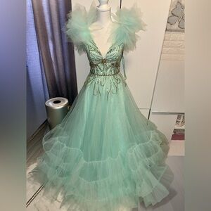 Mac Duggal Green and Silver Embellished Tiered Gown